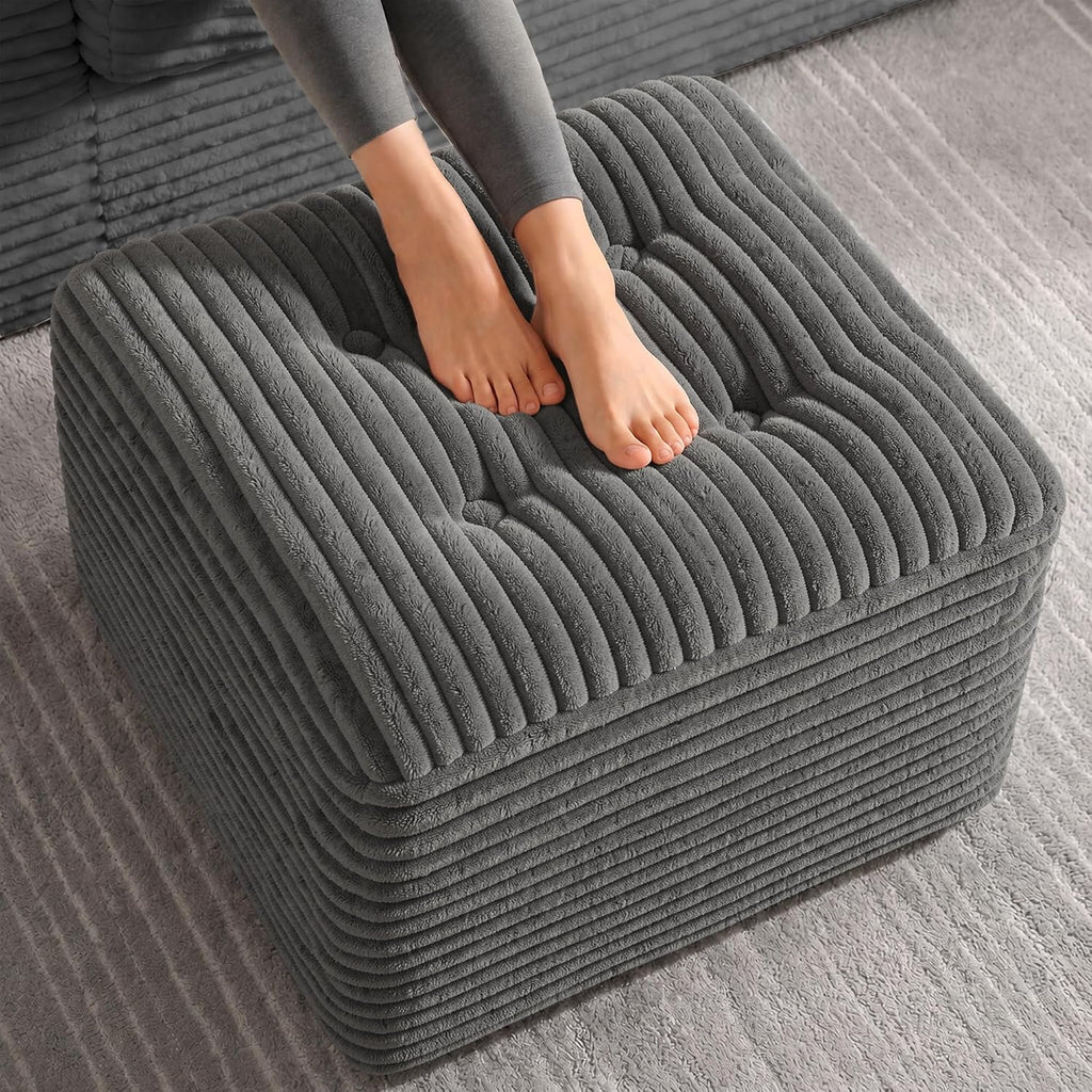 23.6in Pouf Ottoman, Corduroy Footstool Foot Rest Floor Seating | Dual-layer support with soft chunk-foam top & firm base. Ideal floor footrest & extra seating for living room, Dark Gray