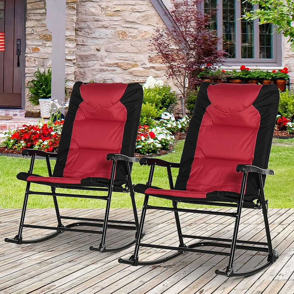Outsunny Oversized Folding Rocking Camping Chair Set of 2, Padded Outdoor Rockers with High Back and Armrests, Portable Outdoor Patio Chairs with Steel Frame for Garden, Porch, Lawn, Red