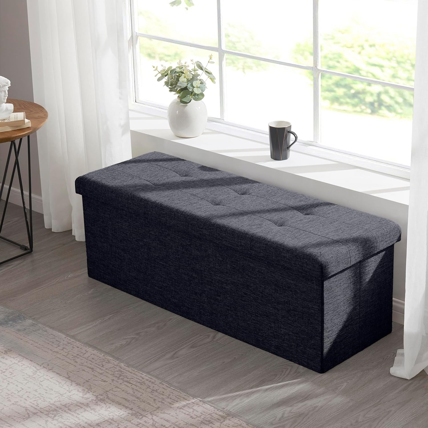 Ornavo Home 43 Inch Folding Extra Large Storage Bench, Linen, Black | Upholstered Tufted Ottoman with Lid; Foot Rest Stool; Ideal for Bedroom, Living Room or Entryway