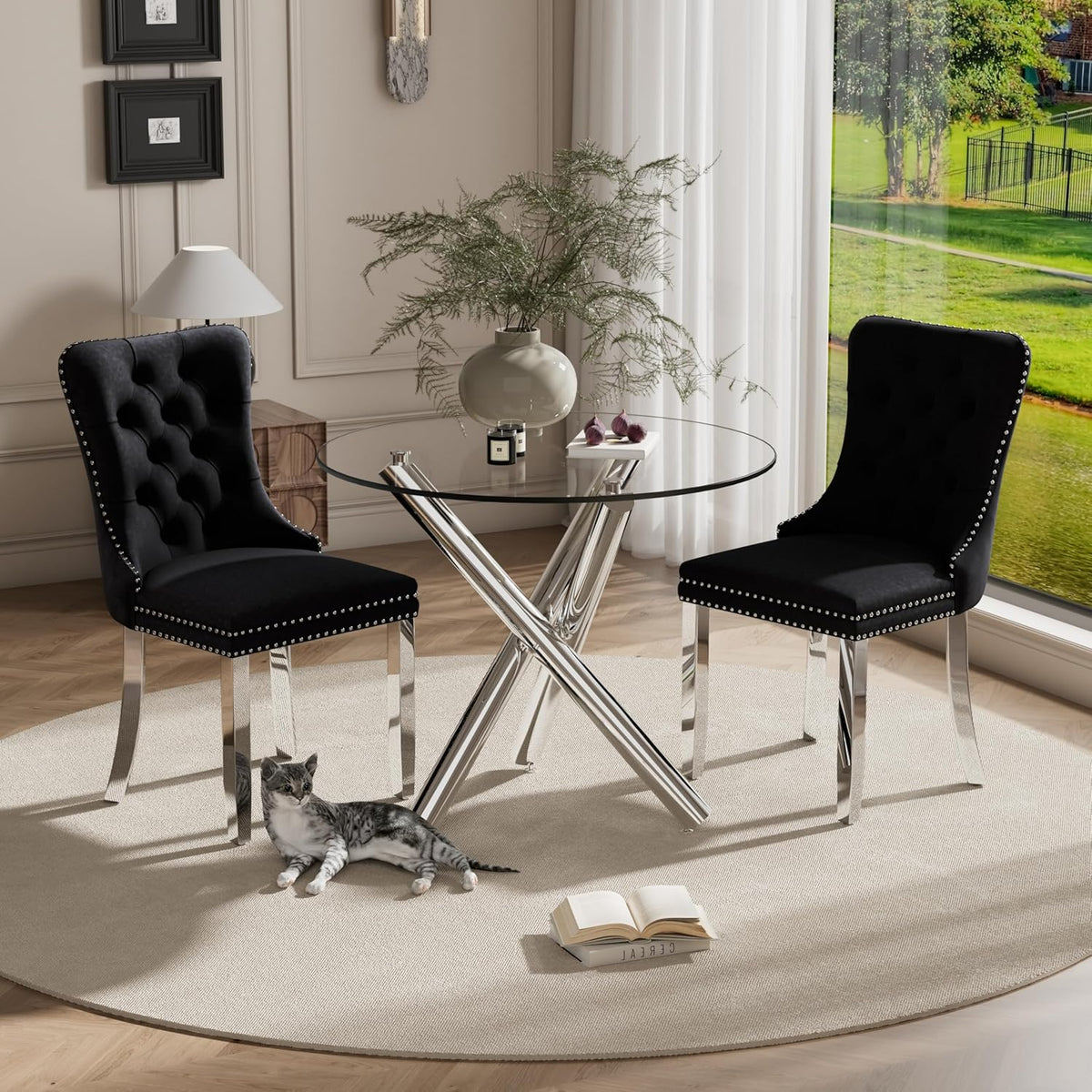 Modern Silver Round Glass Dining Table Set for 2, 36'' Luxury Minimalist Circle Dinette Room Set, 3 PCS Clear Circular Glass Top Kitchen Set, Black High-end Tufted Chairs, for Small Place