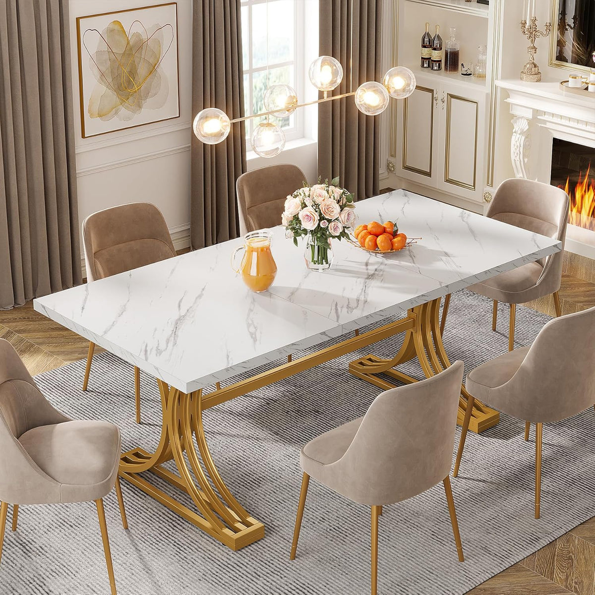 Tribesigns 63-Inch Rectangular Dining Table for 4 to 6, Modern Kitchen Table with Stylish Metal Legs, Large Dinner Tables for Dining Room, Only Table (Faux Marble White+Gold)
