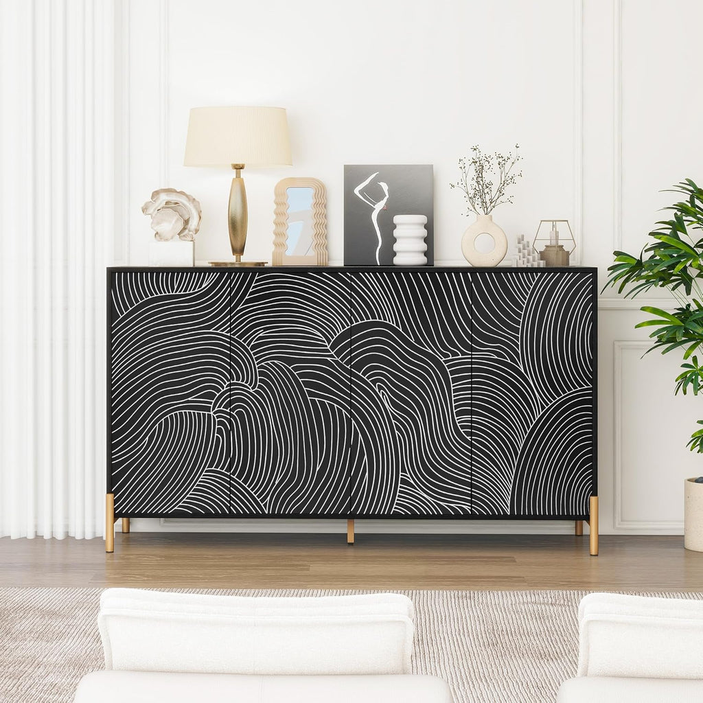 59" Buffet Cabinet, Wood Accent Cabinets with 4 Doors, Modern Cabinet with Adjustable Shelf, Credenzas for Living Room, Kitchen (Black)