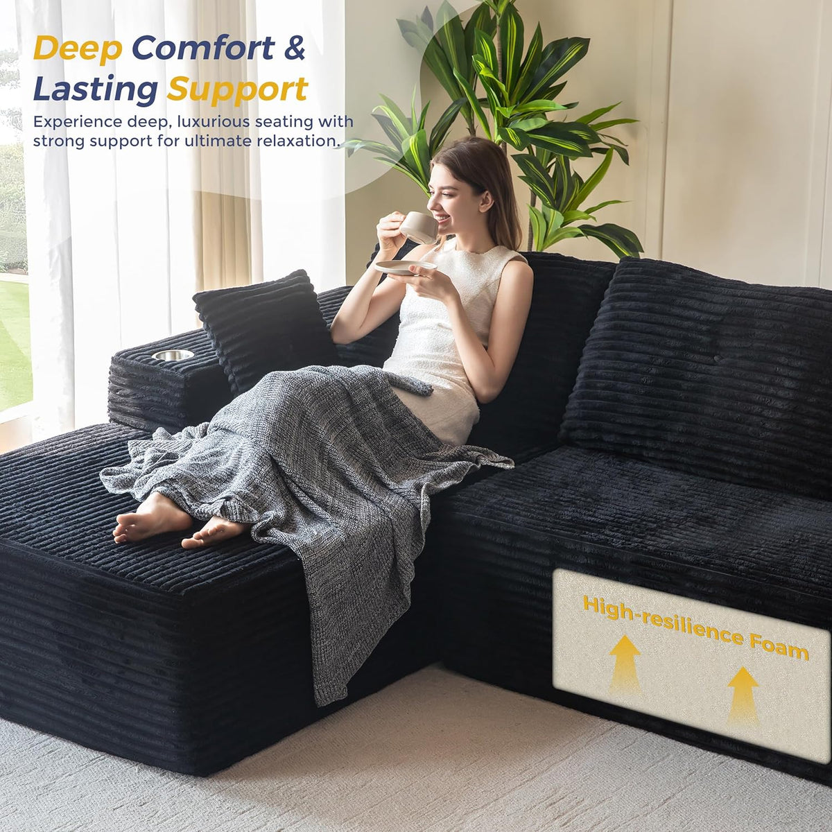 MAXYOYO 104" Modular Sectional Couch with L-Shape Chaise, Modern Couch for Living Room, Sofa in A Box, Oversized Sofa with Deep Seat, No Assembly Required, Black