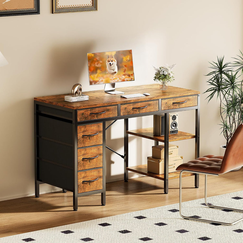 Sweetcrispy 47" Computer Desk with 6 Fabric Drawers & Storage Shelves | Reversible Gaming Desk, Office Desk, Computer Workstation, Corner Desk with Storage, Home Office, Living Room,Rustic Brown