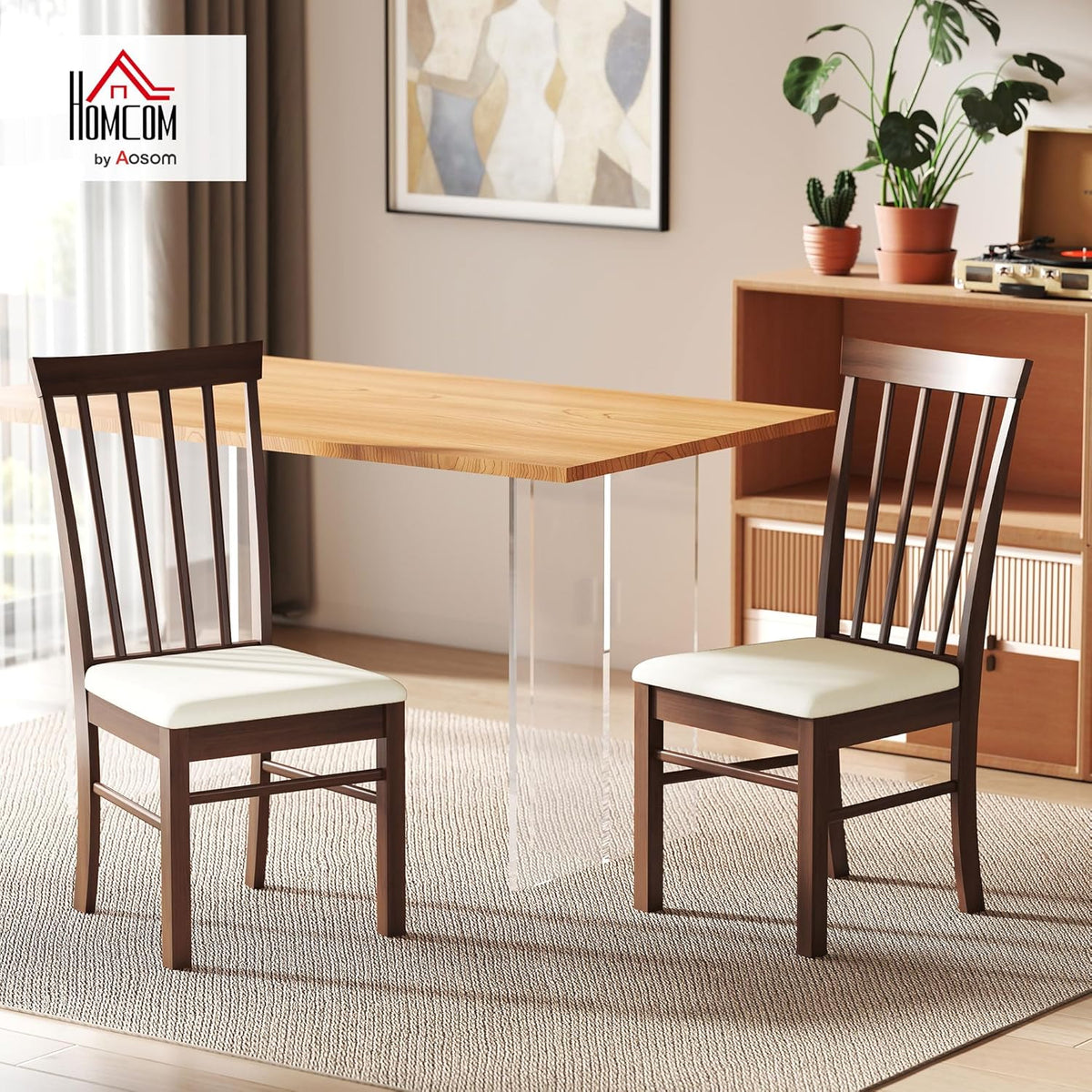 HOMCOM Wooden Dining Chairs Set, Farmhouse Upholstered Kitchen Chairs with Rubber Wood Frame for Living Room, Dining Room, Dark Brown and Beige, Set of 2