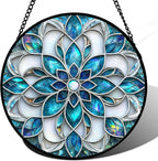 Stained Glass Window Hanging - Blue White Abstract Flowers Suncatcher for Door Terrace Garden Home Decor Boho Sun Catcher Birthday Gifts for Lovers Women Men Dad Mom Nana 11.8 in