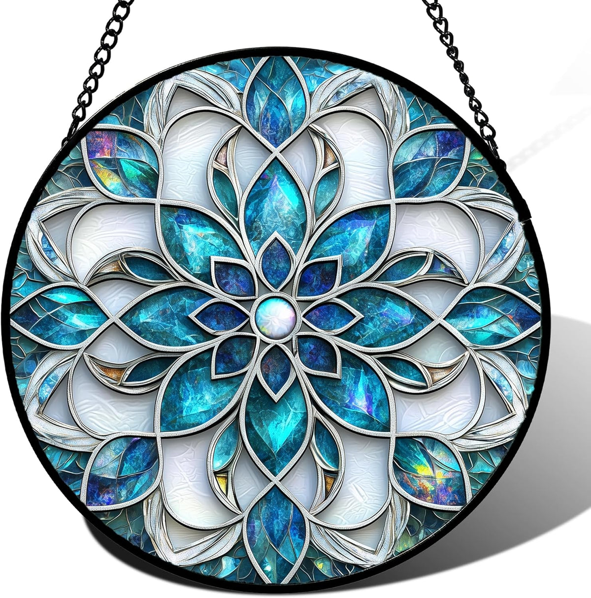Stained Glass Window Hanging - Blue White Abstract Flowers Suncatcher for Door Terrace Garden Home Decor Boho Sun Catcher Birthday Gifts for Lovers Women Men Dad Mom Nana 11.8 in