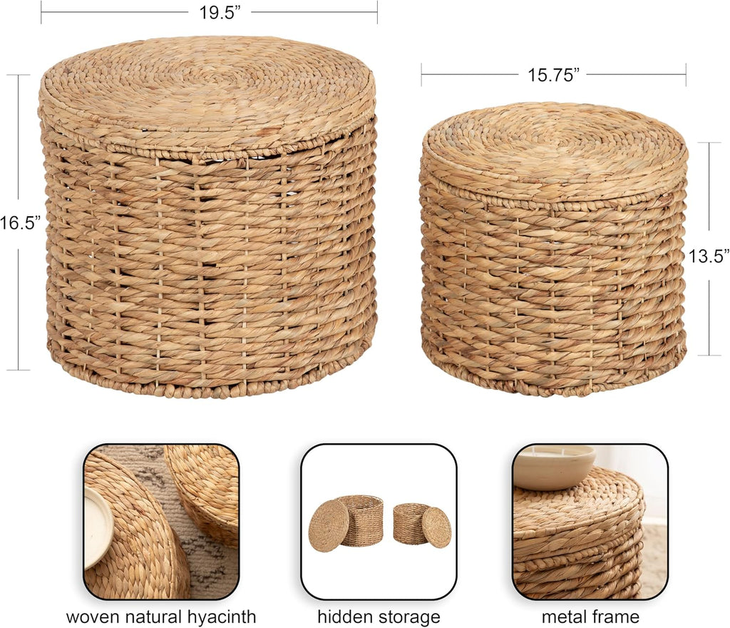 Kate and Laurel Halm Modern Woven Rattan Round Storage Side Tables, Set of 2, 20 x 17 and 16 x 14, Natural Rattan, Lift-Top End Tables for Use as Hidden Storage Baskets or Small Ottoman Tables