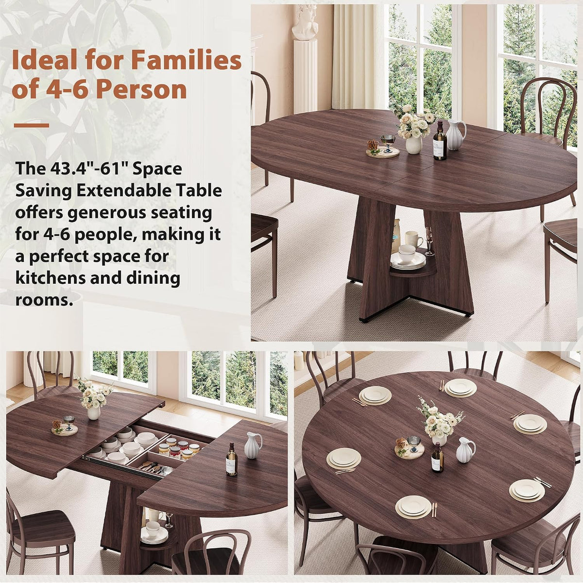 Extendable Dining Table, Round Kitchen Dining Room Dinner Table with for 4 6 8 People, Space Saving Modern Oval Expandale Furniture with Storage and Pedestal for Kitchen Living Room (Brown)