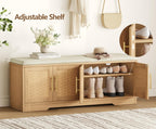 Rattan Shoe Storage Bench, 47.2" Wide Entryway Bench, Natural Oak | 2 Tier Shoe Bench with Padded Cushion, Hidden Shoe Rack Bench with Adjustable Shelves, for Hallway Living Room, Bedroom
