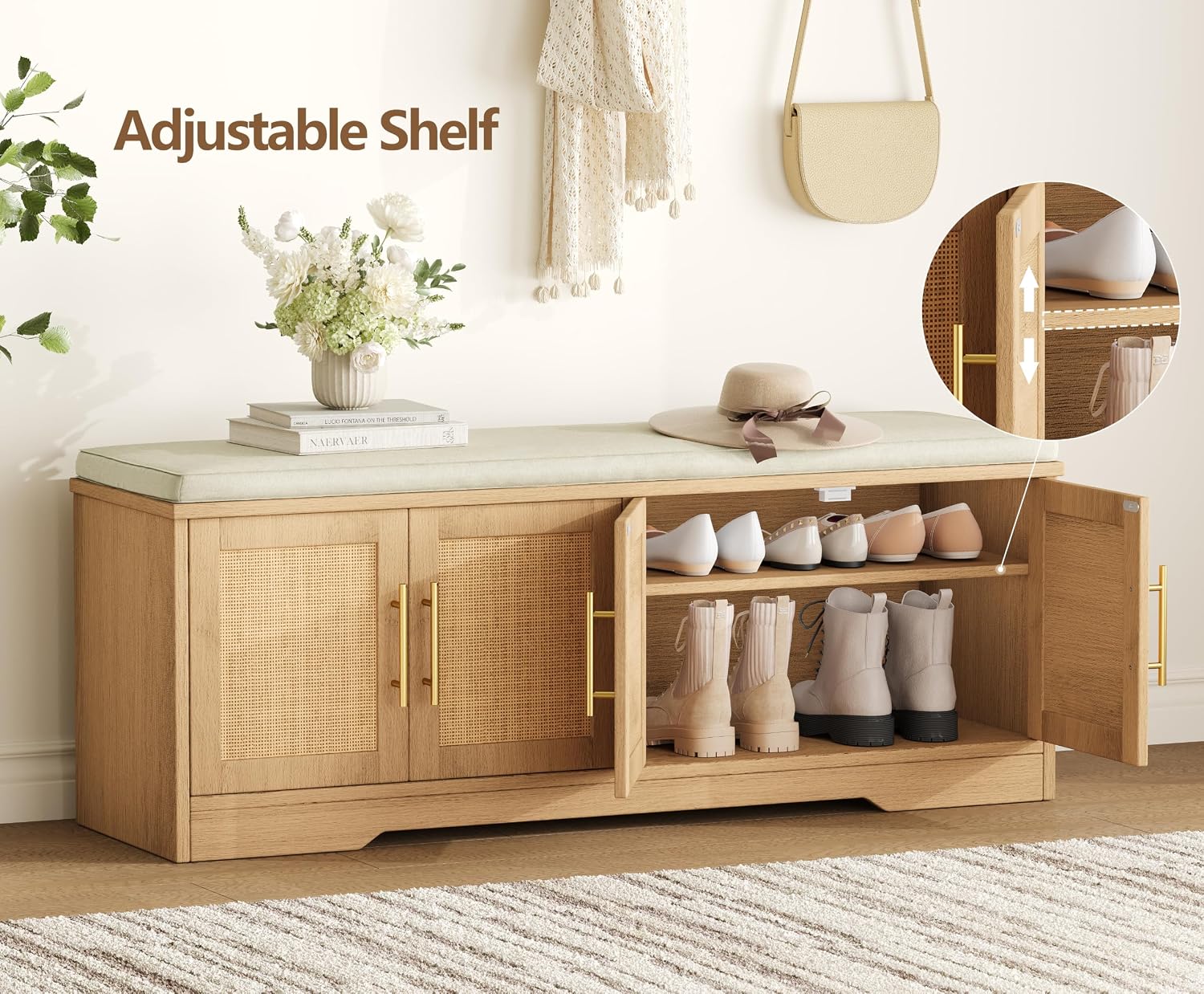Rattan Shoe Storage Bench, 47.2" Wide Entryway Bench, Natural Oak | 2 Tier Shoe Bench with Padded Cushion, Hidden Shoe Rack Bench with Adjustable Shelves, for Hallway Living Room, Bedroom