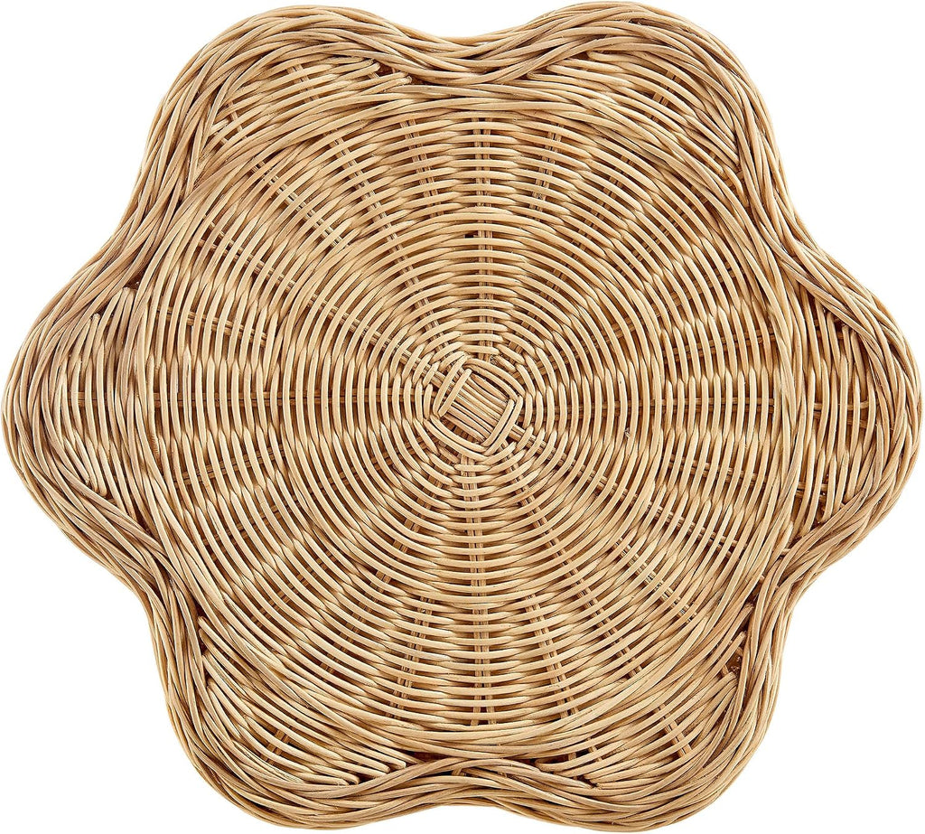 Modway Erika Scalloped Natural Rattan Side Table in Natural – 16 Inch Small Round Accent Stool with Flower-Shaped Top for Living Room, Bedroom, or Covered Patio