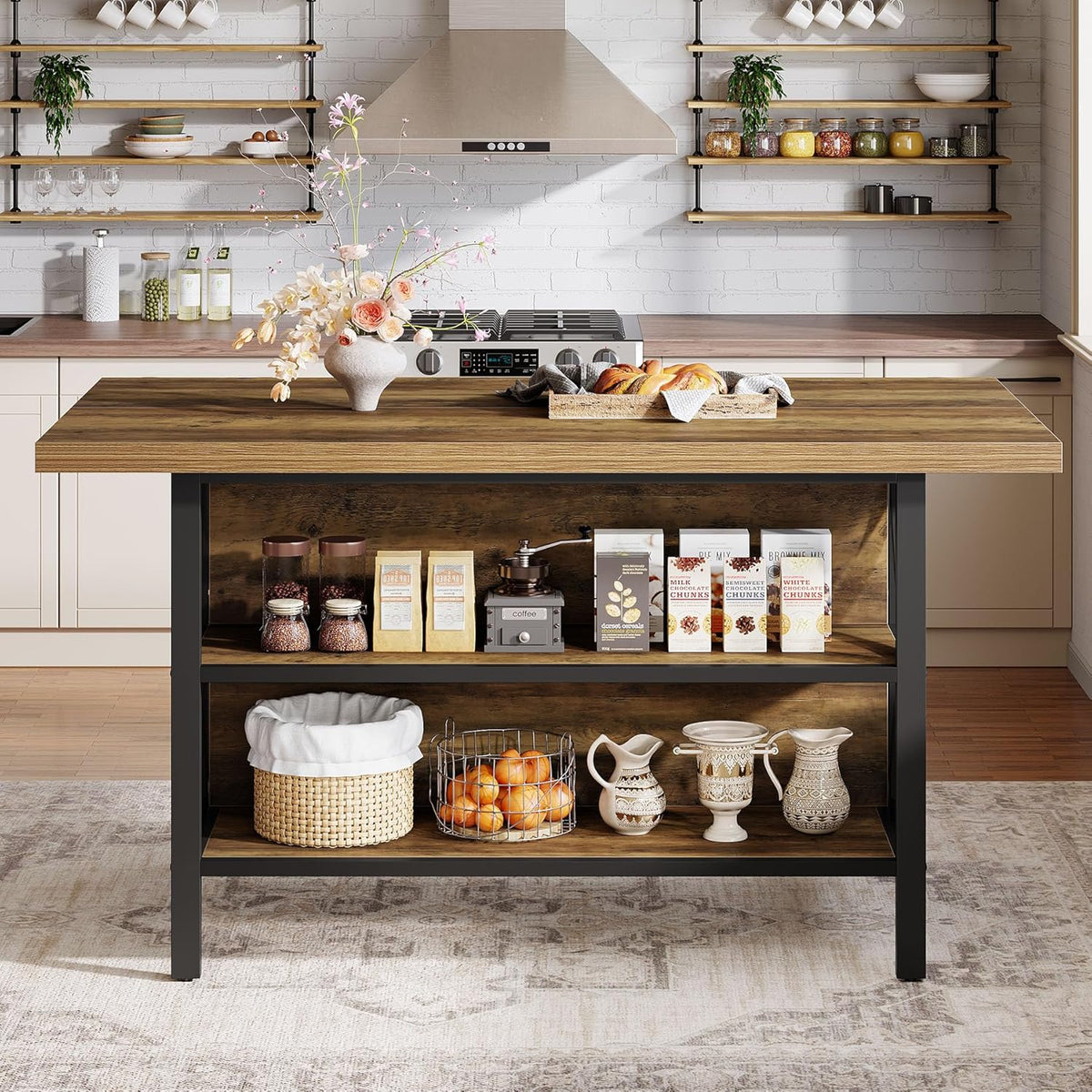 Tribesigns 62.99-Inch Kitchen Island with Storage, Kitchen Island Table with 2 Shelves and Large Worktop, Industrial Bar Table, Easy to Assemble, Rustic Brown (Stools Not Included)