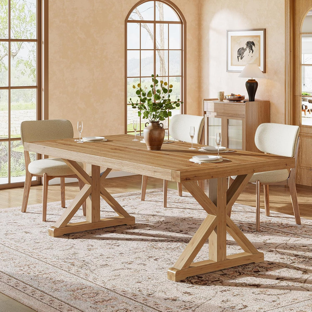 Solid Wood Dining Table for 4-6, 63-Inch Farmhouse Kitchen Table with Sturdy Legs, Wooden Rectangular Dinner Furniture for Kitchen, Dining Room, Light Brown