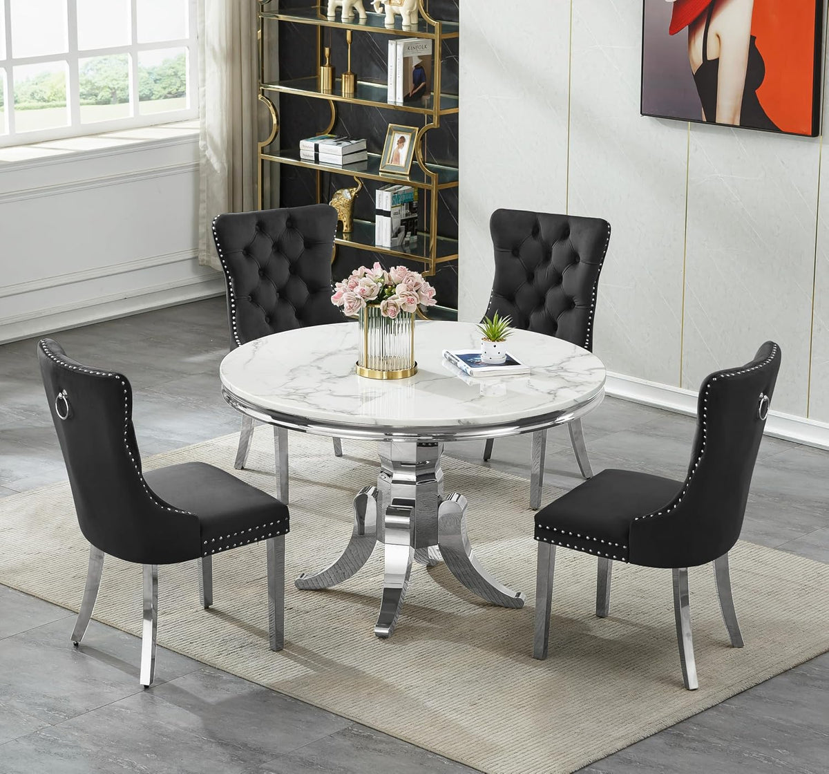 45 inch White Marble Round Dining Table for 4 to 6, Modern Round Dining Table with Faux Marble Top & Silver Stainless Steel Y Base, Luxury Marble Kitchen Dining Room Table for Dinette Party Gathering