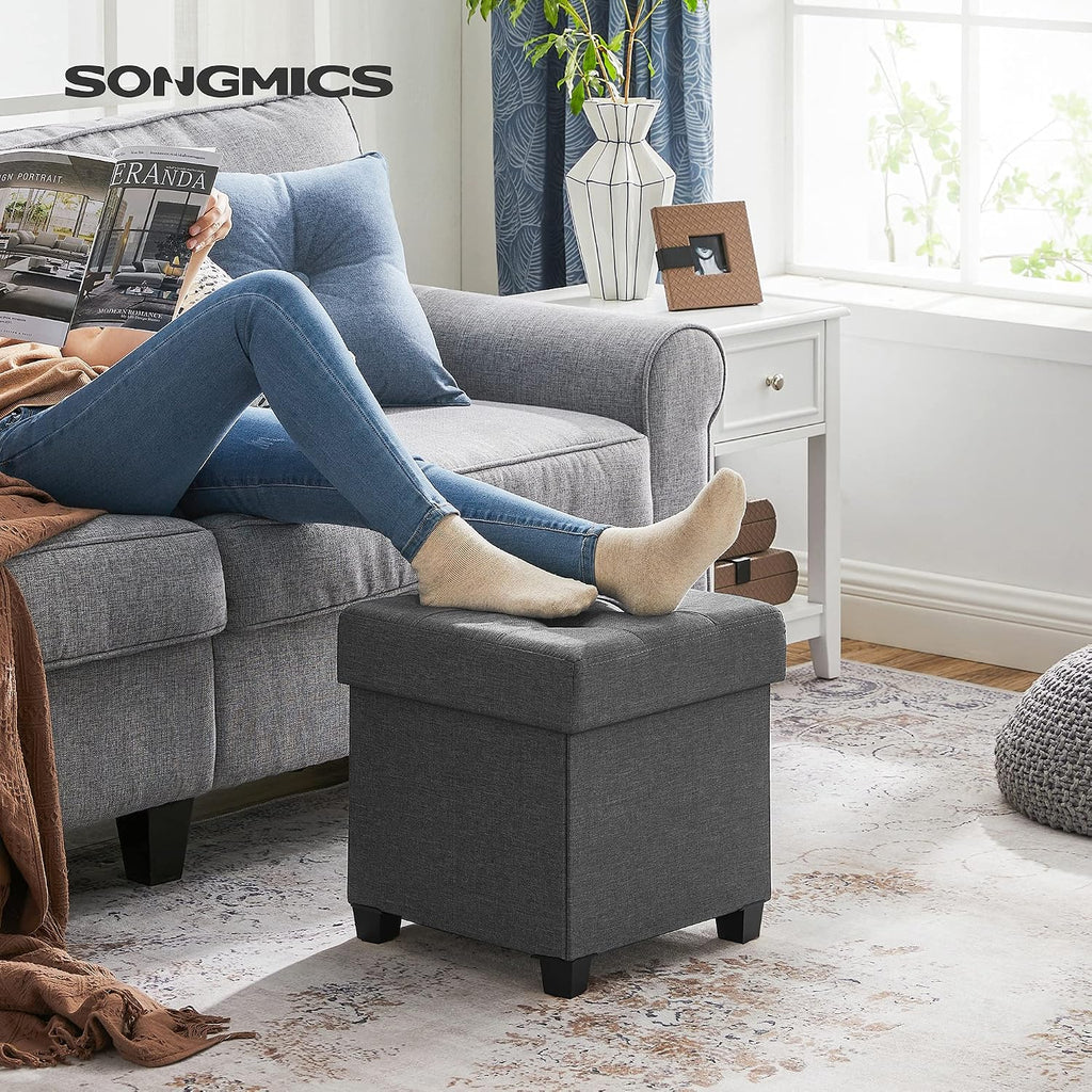 SONGMICS Storage Ottoman, Small Foot Rest, 15 x 15 x 15.7 Inches | Foot Stool with Legs, Load up to 661.4 lb, for Living Room, Bedroom, Dorm, Gray and Black, MELISA Collection ULSF014G01