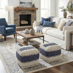 SIMPLIHOME Grady 18" Wide Square Pouf in Blue/Natural Wool and Cotton | Contemporary footstool, extra seating for living room with polystyrene bead filling, assembled; floor cushion or accent seat.