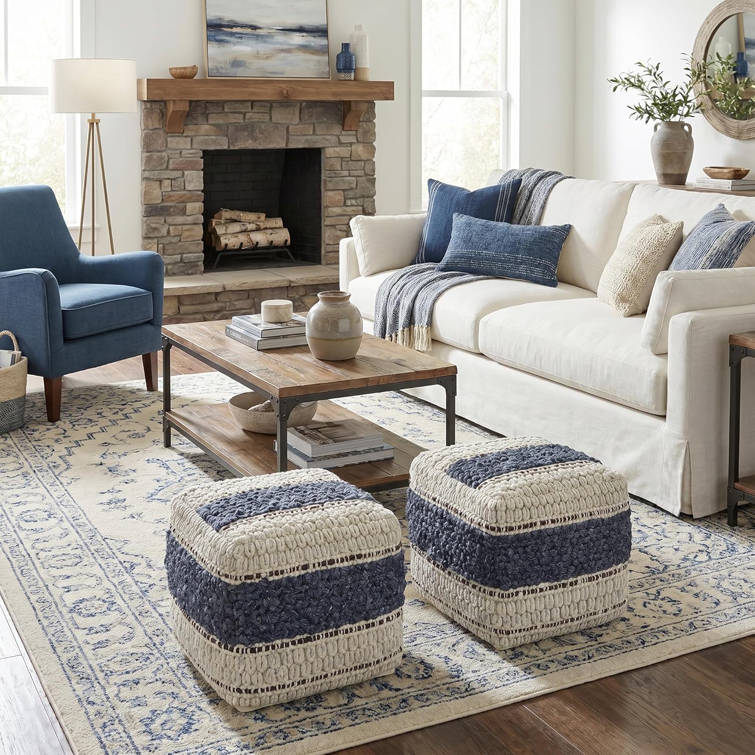 SIMPLIHOME Grady 18" Wide Square Pouf in Blue/Natural Wool and Cotton | Contemporary footstool, extra seating for living room with polystyrene bead filling, assembled; floor cushion or accent seat.