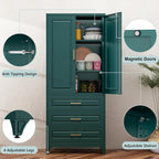75" Metal Pantry Storage Cabinet with 3 Drawers, Green | Premium Cold-Rolled Steel Frame, Luxury Gold Handles, Adjustable Inner Shelves, Magnetic Doors, Anti-Tipping Kit