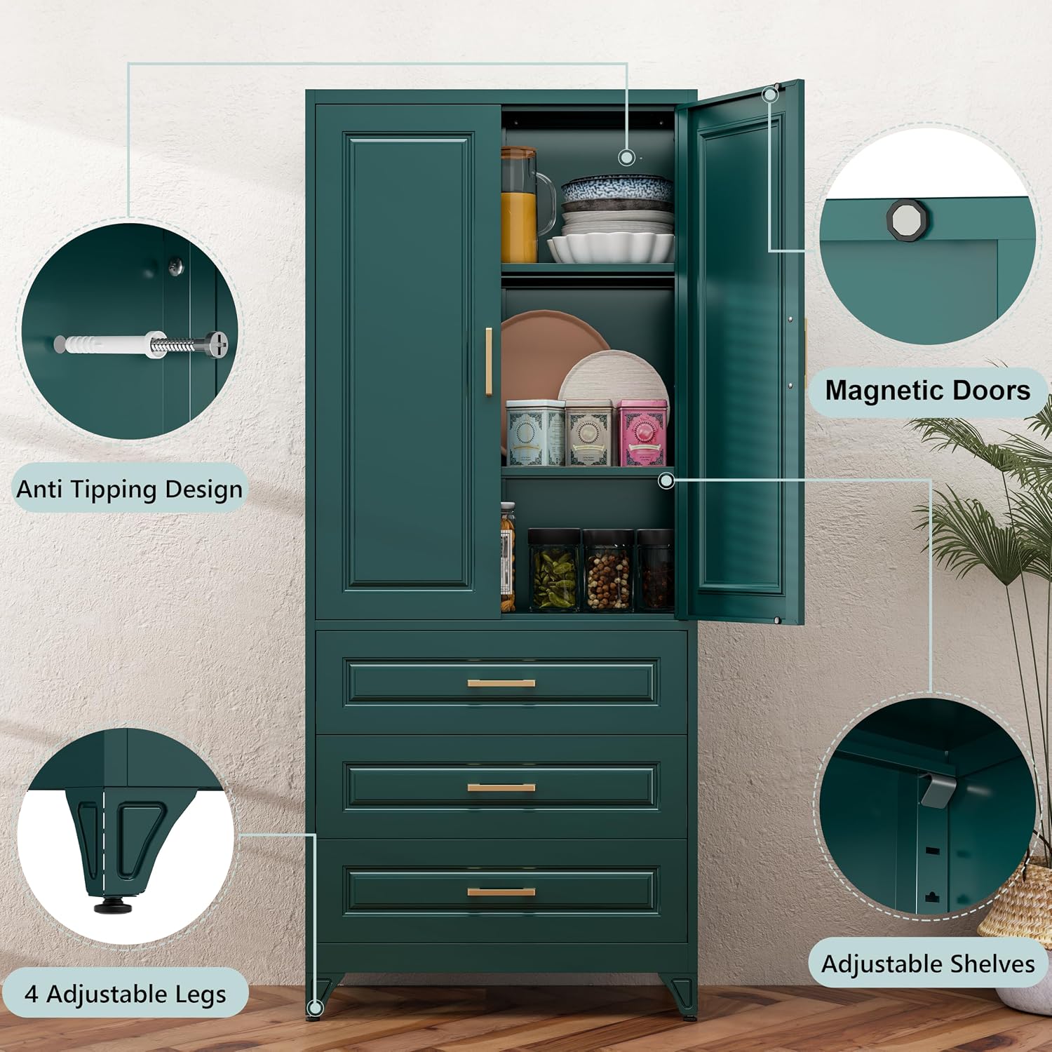 75" Metal Pantry Storage Cabinet with 3 Drawers, Green | Premium Cold-Rolled Steel Frame, Luxury Gold Handles, Adjustable Inner Shelves, Magnetic Doors, Anti-Tipping Kit