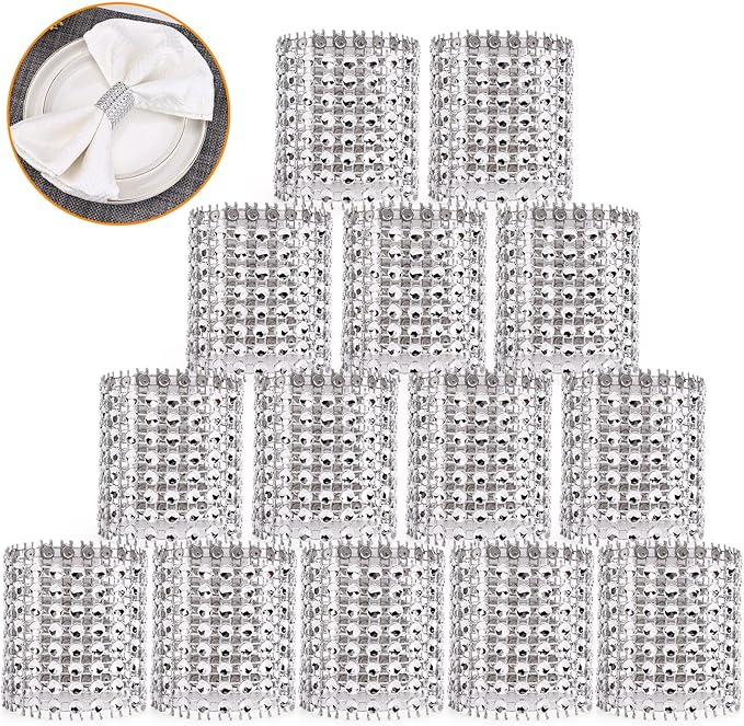 Bling Napkin Rings Set of 150, Rhinestone Silver Napkin Rings Diamond Adornment Napkin Holder Bulk for Wedding, Dinner, Party, Table Decorations, White