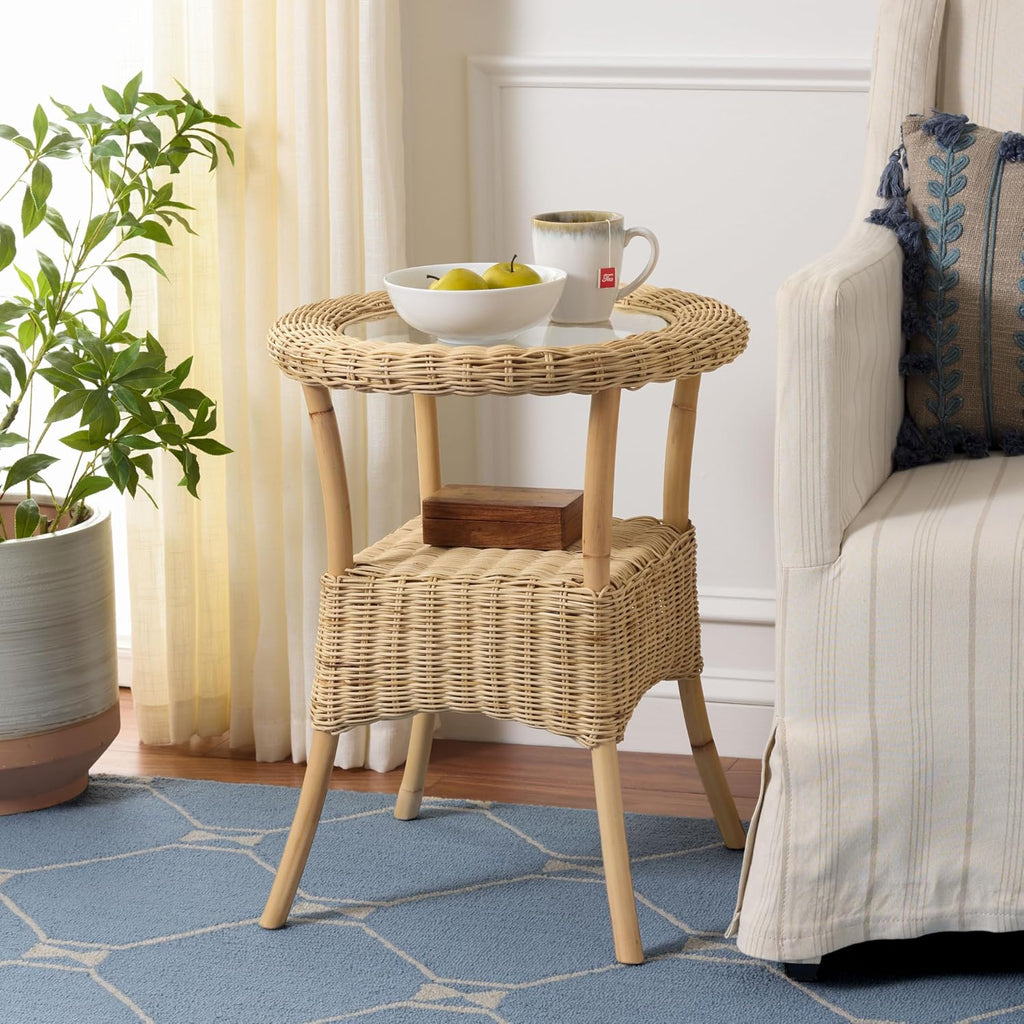 SAFAVIEH Home Collection - Damary Natural Rattan Accent Table, Round Glass Top, Coastal Boho Design, Fully Assembled (ACC6509A)