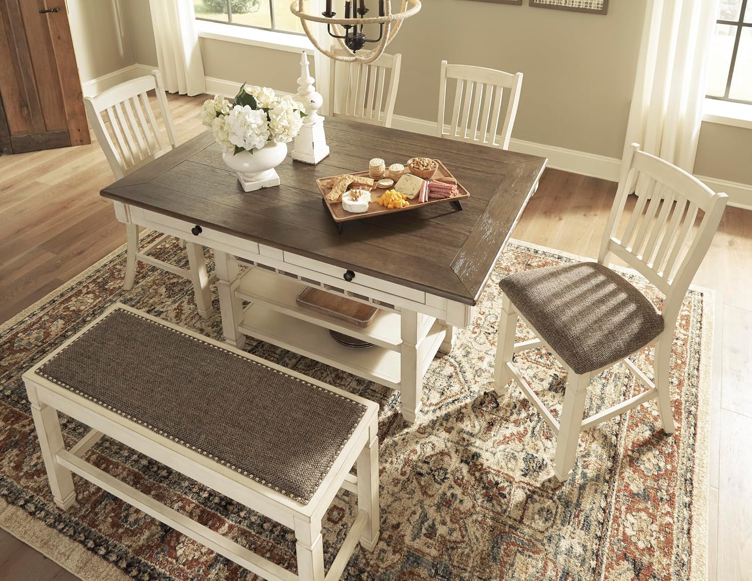Signature Design by Ashley Bolanburg Double Upholstered Bench, Counter Height, Whitewash