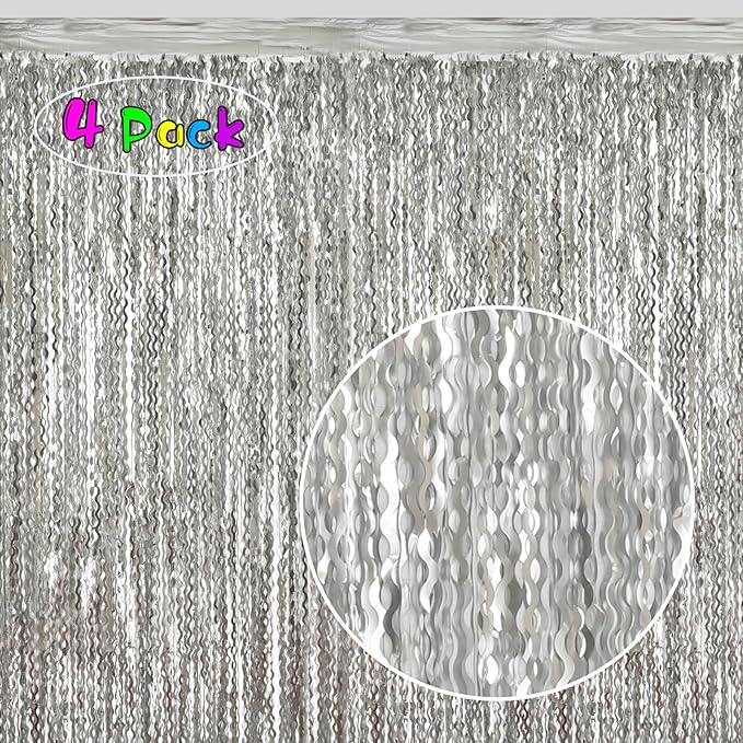 4 Pack 3.3x6.6ft Silver Foil Fringe Backdrop - Wavy Metallic Tinsel Foil Curtains Photo Booth Backdrop for Birthday Wedding Holiday | Silver Streamers Celebration Bachelorette Party Decorations