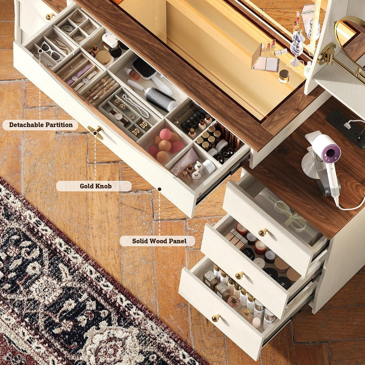 STO'SENSE Makeup Vanity Desk w/Mirror & Lights, 54" Large Vanity Table w/Glass Top, RGB Drawer, 𝐌𝐚𝐠𝐧𝐢𝐟𝐲𝐢𝐧𝐠 𝐌𝐢𝐫𝐫𝐨𝐫&Power Outlet,Make up Desk w/3 Shelves&7 Drawers,Dressing Table,White