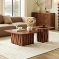 2-Piece Fluted Nesting Coffee Table with Hand-Carved Wavy Base, Mid-Century Modern End Tables for Living Room Office, Brown