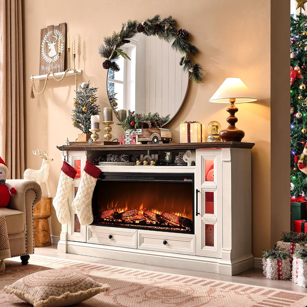 OKD 70" Farmhouse TV Stand with 42" Electric Fireplace, Antique White | 36" Tall, Glass Door Side Cabinets with LED, Open Cubby, Storage Drawers, Cable Management, Media Console for Living Room