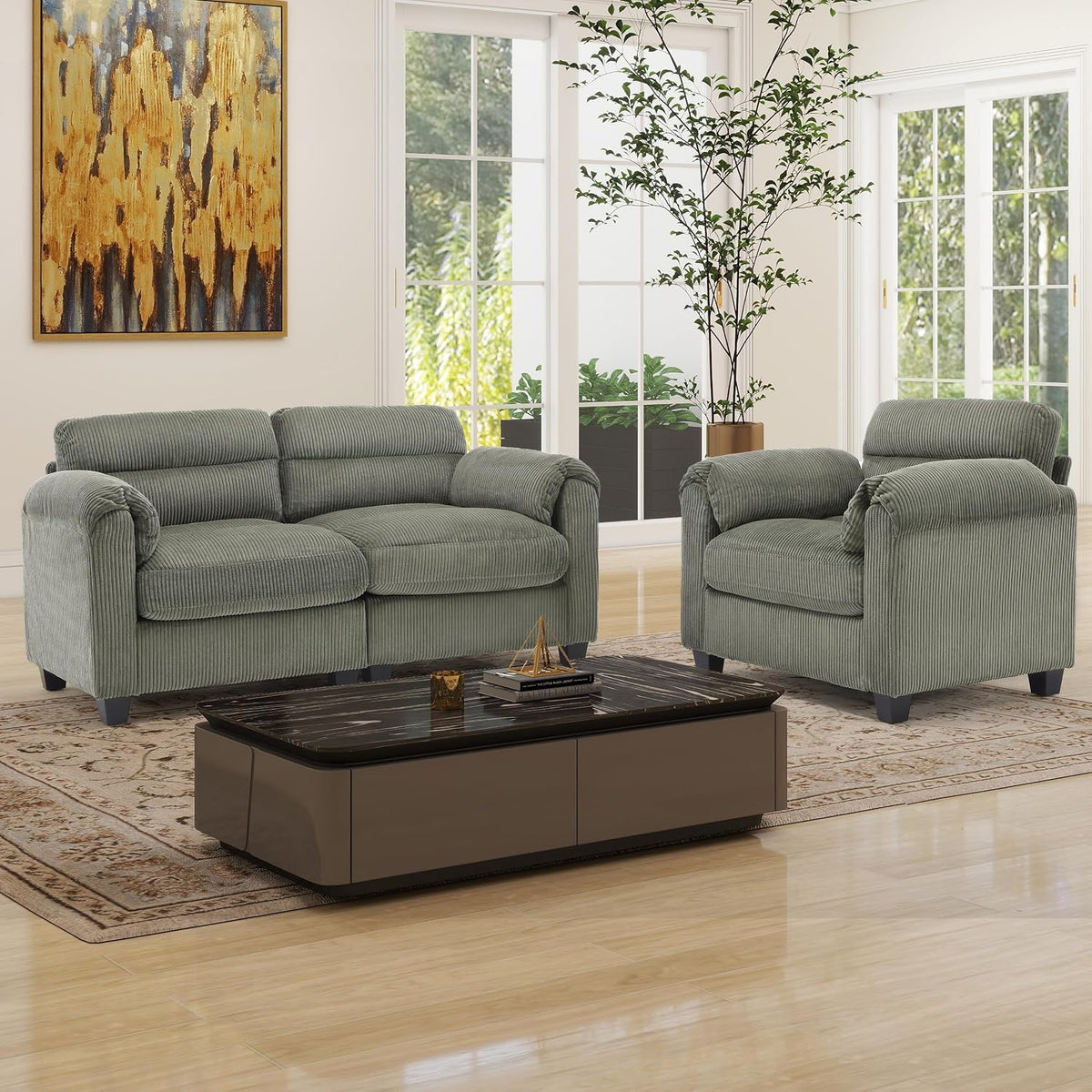 HAOMARKETS Corduroy Sofa Set, Upholstered Armchair and Loveseat with Plush Cushions and Rolled Arms, Modern Living Room Furniture Sets,Green