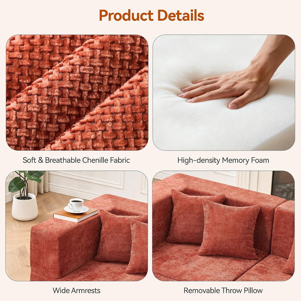 MONVANE Modular Sectional Cloud Couch for Living Room - 130'' 6 Seater Convertible Chenille Couches Set with Ottoman, No Assembly Compression Sofas, Comfy Floor Sofa with Memory Foam, Rust Red