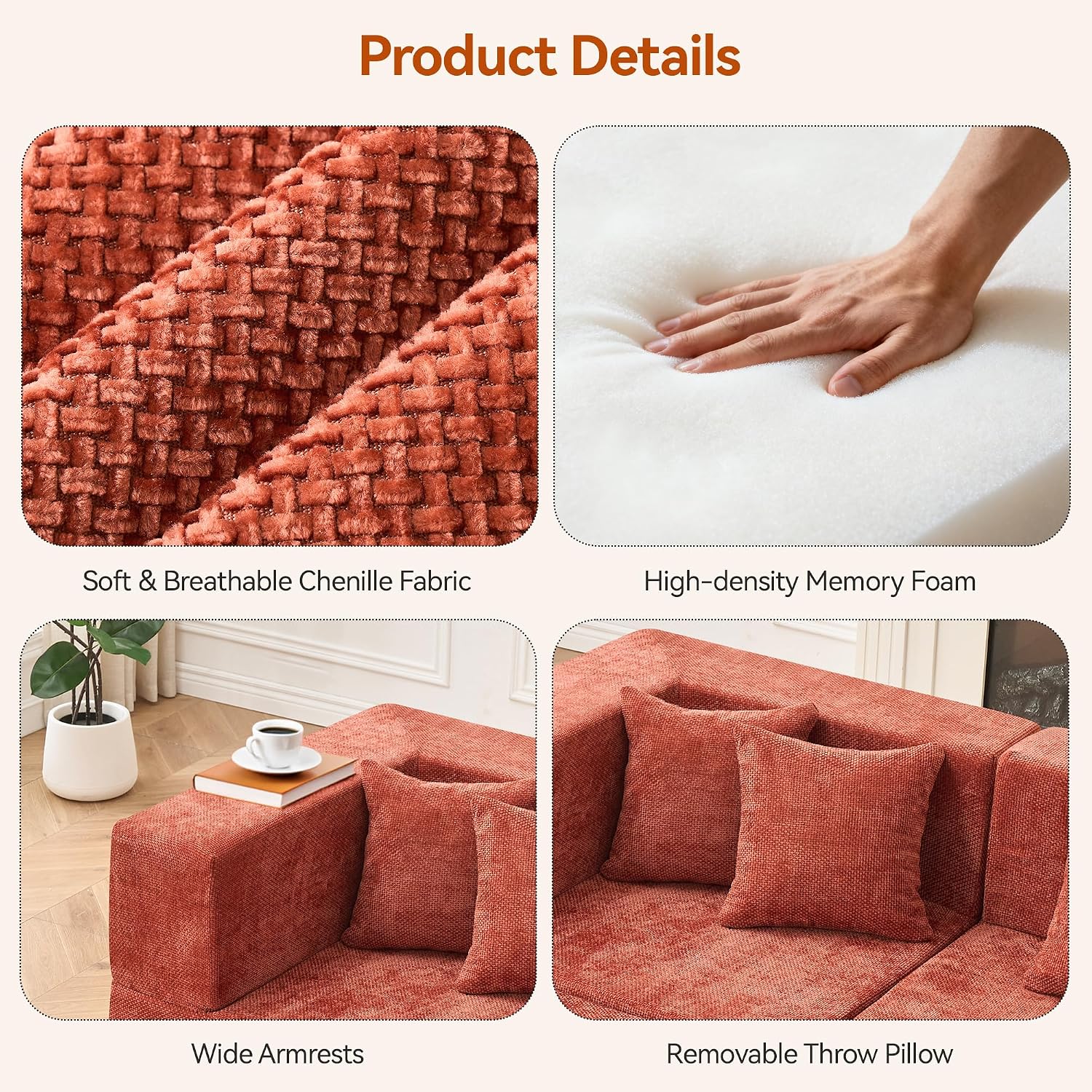 MONVANE Modular Sectional Cloud Couch for Living Room - 130'' 6 Seater Convertible Chenille Couches Set with Ottoman, No Assembly Compression Sofas, Comfy Floor Sofa with Memory Foam, Rust Red