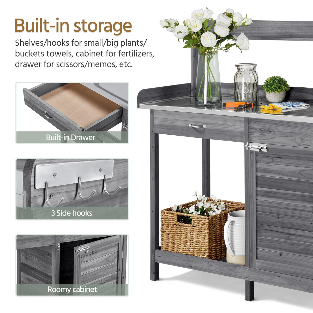 Yaheetech Potting Bench Outdoor Potting Table with Storage,Gray