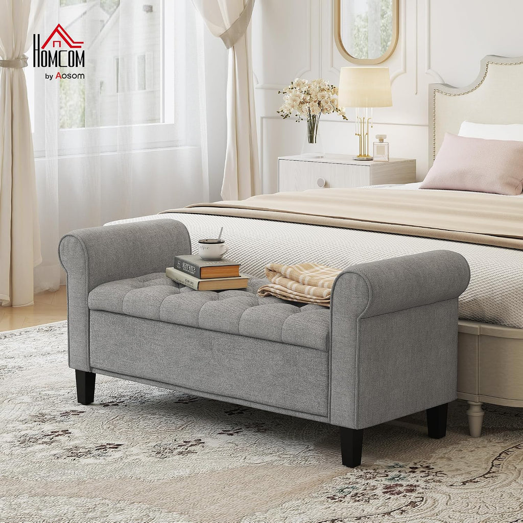 HOMCOM 50" Storage Ottoman Bench Button Tufted End of Bed Bench Gray | Upholstered, Rolled Arms, Wood Legs, Safety Hinges, for Living Room, Entryway, Bedroom