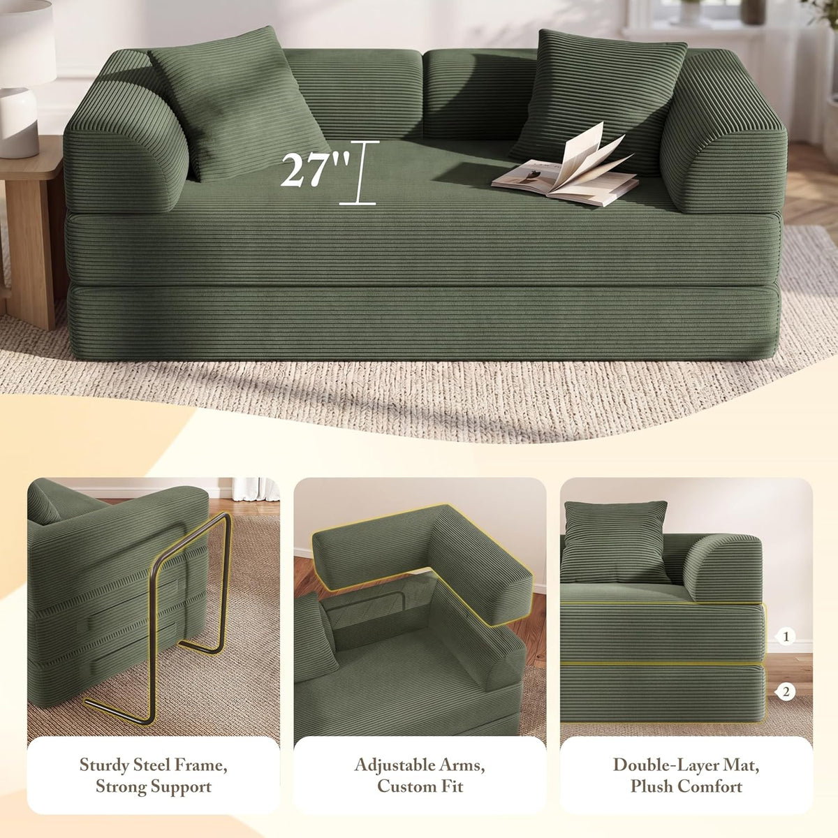Cloud Couch Futon Sofa Bed, 5-in-1 Convertible Sofa Bed Pull Out Couch Sleeper Sofa Compressed Loveseat, 70" High-Density Sponge & Corduroy Fabric Futon Daybed for Living Room Bedroom(Green)