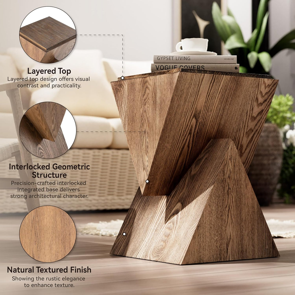 COZAYH Modern Geometric Wood Grain End Table, Fully Assembled, Brown | Farmhouse Structural Design Side Table with Sculptural Pedestal Base for Living Room, Bedroom, Office