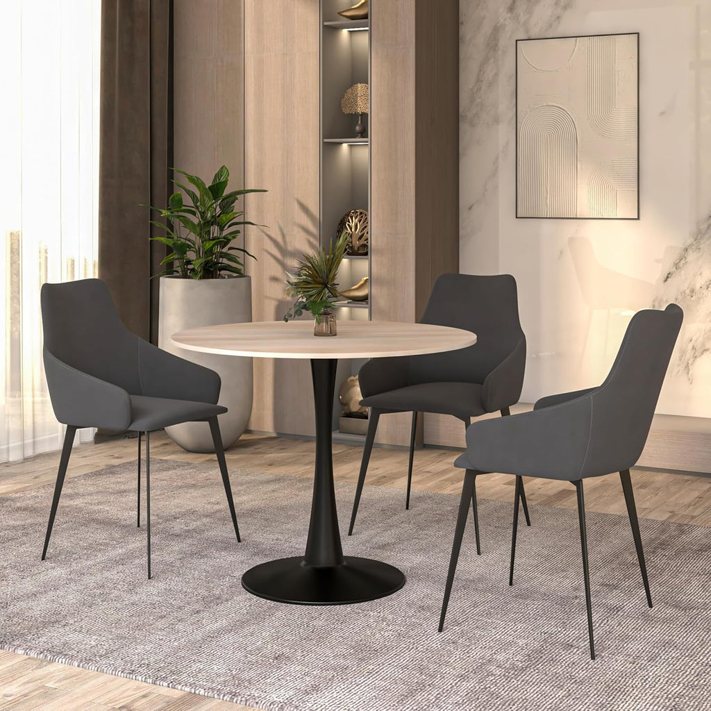 LeisureMod 35" Round Dining Table with Sintered Stone Top – Modern Black Pedestal Base Mid-Century Café Table for Kitchen & Dining Room