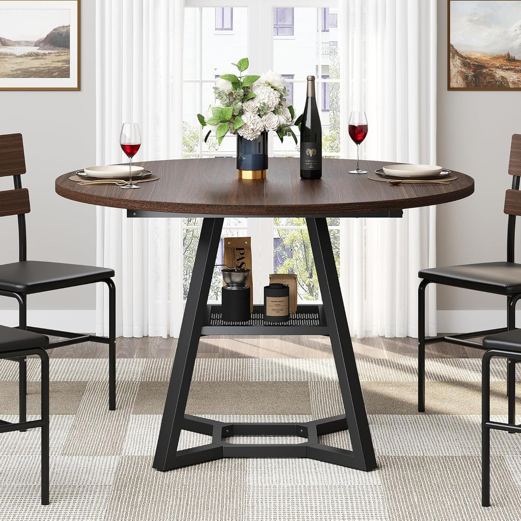 knoworld Round Dining Table for 4, Kitchen Tables Dining Room Circle Dinner Table with Pedestal Metal Frame, Space Saving Wood Industrial Kitchen & Dining Room Tables, Walnut 43In