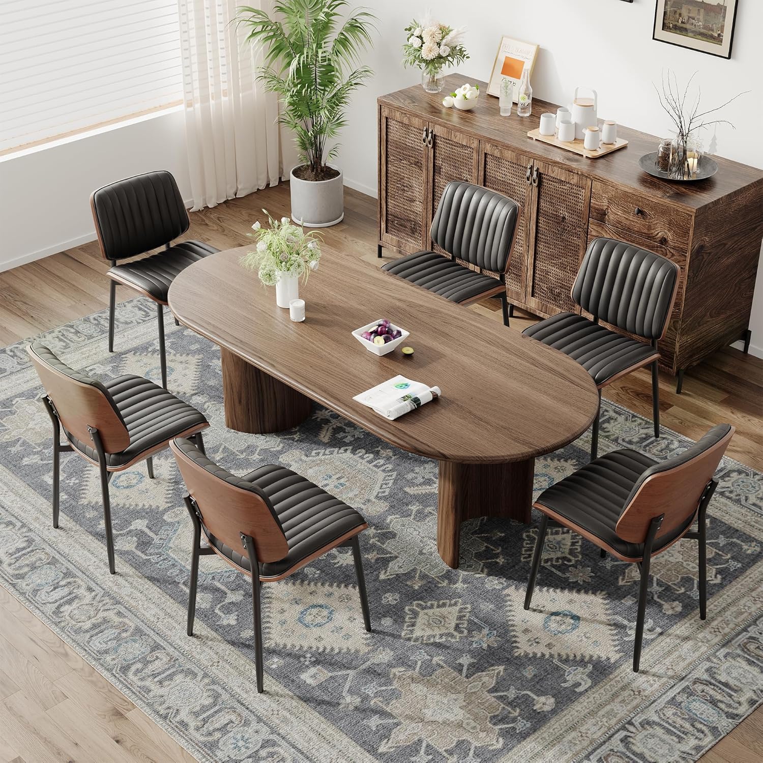 MALOL Leather Dining Chairs Set of 2, Modern Upholstered Dining Room Kitchen Chairs with Metal Legs and Wooden Back Support for Home Dining Room/Restaurant, Black