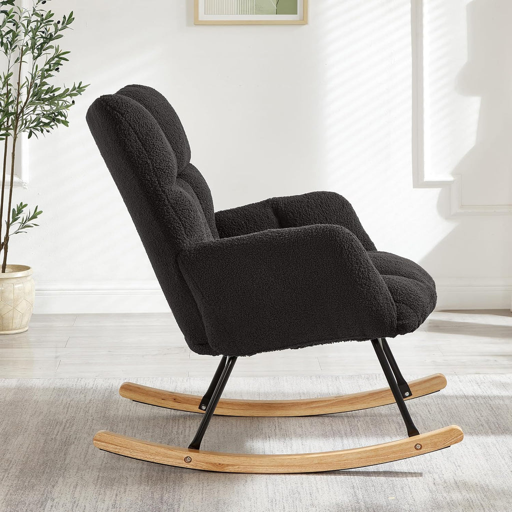 Teddy Fabric Glider Chair, 300 lbs Capacity Upholstered Rocking Chair with Metal Frame, Ergonomic High Back Accent Chair for Living Room and Bedroom, Soft Tufted Lounge Chair (Dark Gray)