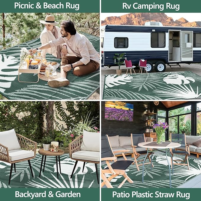 Waterproof Outdoor Rug 6x9 ft, Reversible Plastic Straw Mat with Leaf Pattern, Large Floor Mat for Patio, Camping, Picnic, Backyard RV, Deck, Dark Green