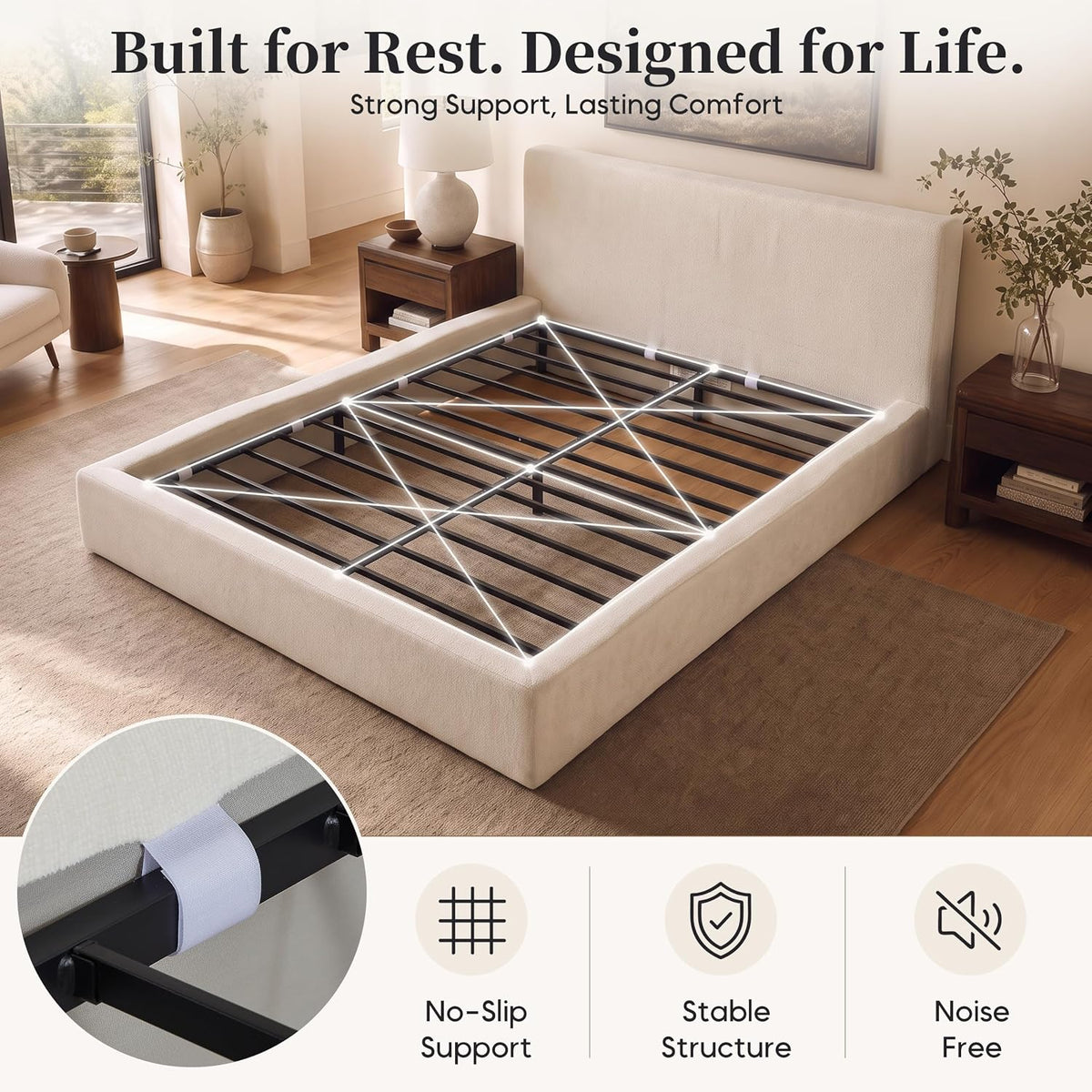 Queen Upholstered Platform Cloud Bed Frame with Headboard, Beige