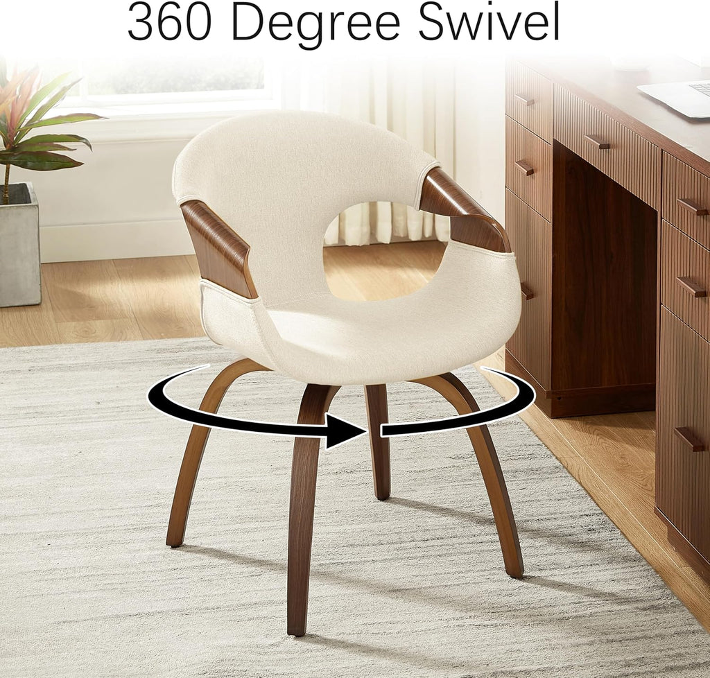 Zouron Mid-Century Swivel Dining Chair, Fabric Upholstered Accent Chairs with Bentwood Arms & Legs, Padded Armchair with Backrest for Kitchen, Dining Room, Living Room, Beige