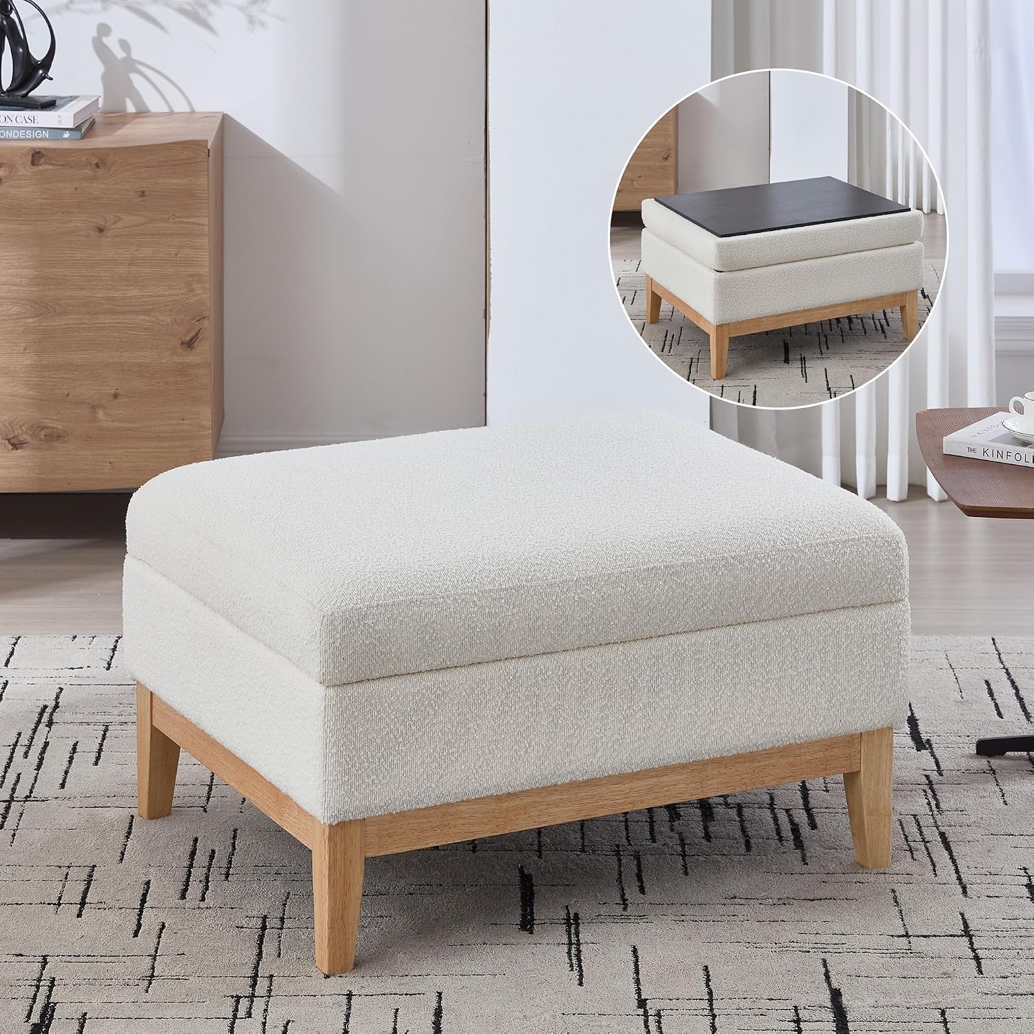 Setawix 33.86" Large Storage Ottomans for Living Room,Boucle Upholstered Ottoman Coffee Table with Tray,Mid Century Modern Ottoman Seat with Storage Footrest for Bedroom (Ivory+Natural Legs)