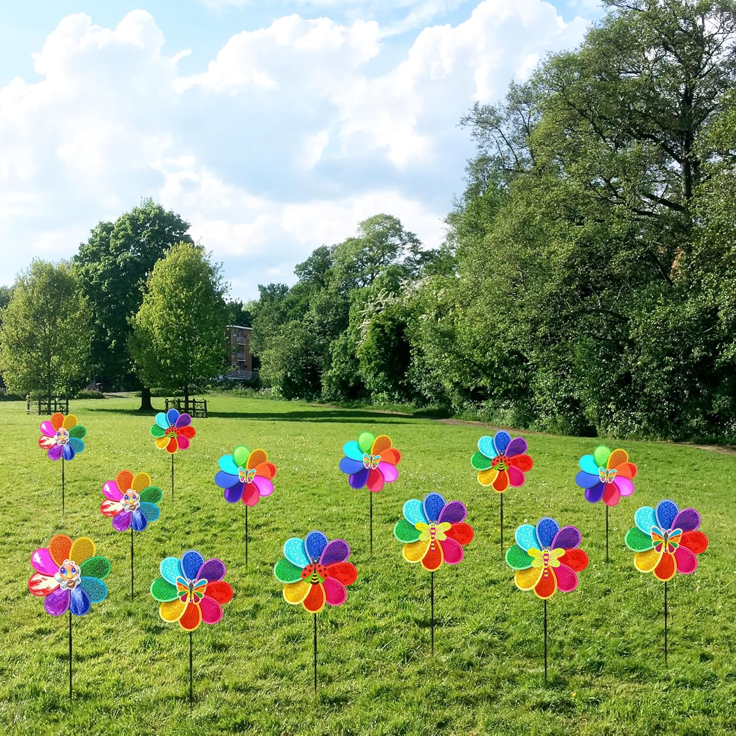 Outdoor Wind Spinners Yard Garden Decor Shiny Pinwheels, Lawn Rainbow Ornaments to Deter Animals Scare Birds Away (4PCS)