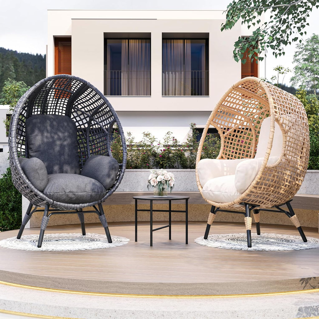 Oversized Wicker Egg Chair Outdoor Indoor Rattan Patio Egg Lounge Chairs with Cushion 500lbs Capacity for Living Room, Balcony, Backyard(Beige)