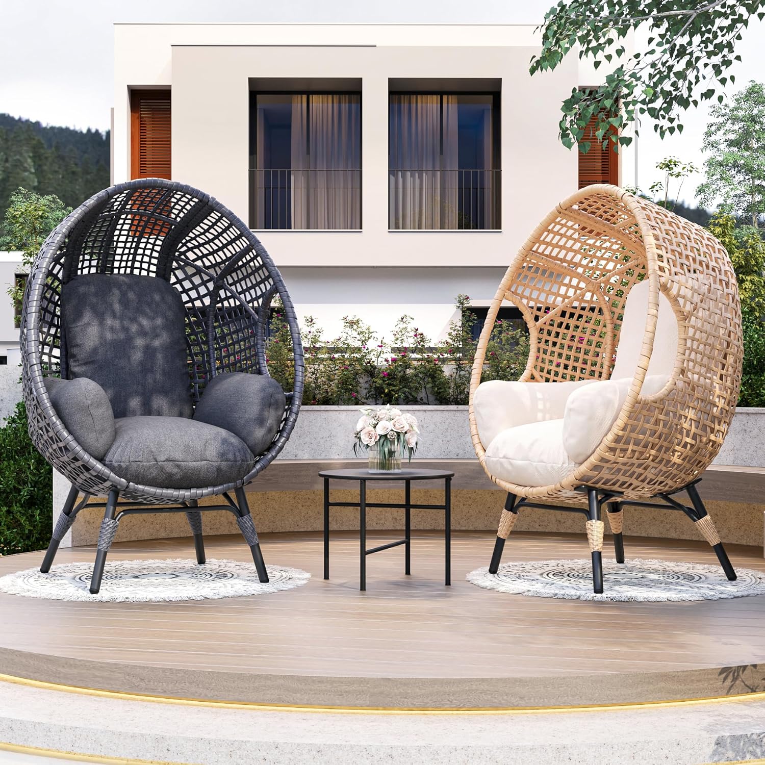 Oversized Wicker Egg Chair Outdoor Indoor Rattan Patio Egg Lounge Chairs with Cushion 500lbs Capacity for Living Room, Balcony, Backyard(Beige)