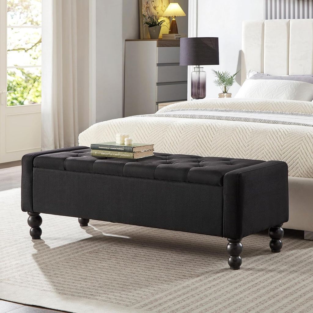 50" W Storage Ottoman Bench with Safety Hinge, Load up to 660 lb Ottoman with Storage, Upholstered Tufted Entryway Bench with Seating for Living Room, Bedroom, Entryway, Black